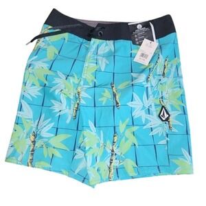 Volcom Lido Print Mod-Tech Board Shorts Blue Bamboo Floral Beach Swim Surf 25